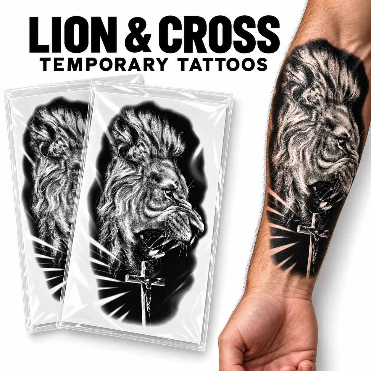 EYSHOP 2 Sheet Black and Grey Jesus Lion Cross Temporary Tattoos for Men