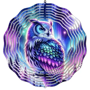 Northern Lights Tranquility Owl Wind Spinner with Vibrant Galaxy Design for Outdoor Decor