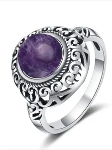 Vintage Charoite Gem Statement Ring for Women, Retro Silver Plated Oval Purple Gemstone Ring, Boho Hollow Carved Party Jewelry Gift