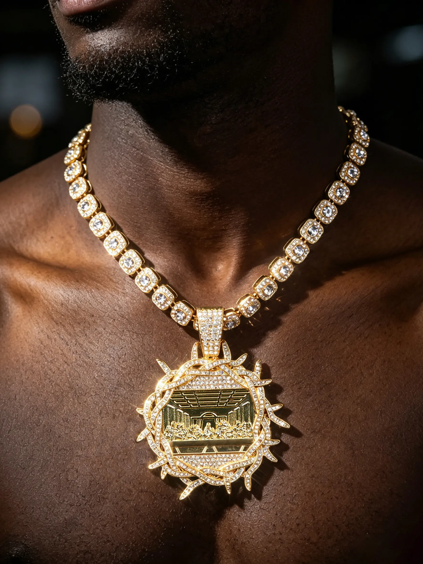 Iced Out Thorn Crown The Last Supper Theme Sparkling Zirconia Pendant Necklace | Gold-Plated Cuban Link Design Bling Chain | Men's Hip Hop Streetwear Luxury Jewelry