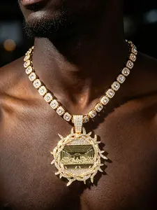 Iced Out Thorn Crown The Last Supper Theme Sparkling Zirconia Pendant Necklace | Gold-Plated Cuban Link Chain | Men's Hip Hop Streetwear Luxury Jewelry