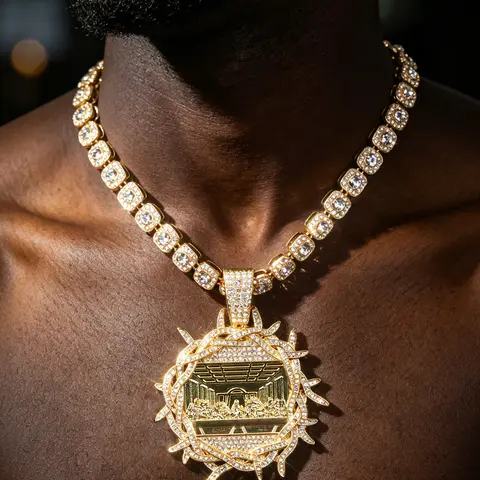 Iced Out Thorn Crown The Last Supper Theme Sparkling Zirconia Pendant Necklace | Gold-Plated Cuban Link Design Bling Chain | Men's Hip Hop Streetwear Luxury Jewelry Chain Necklaces