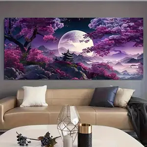 Wooden Framed Modern Abstract Mountain Water Oil Painting, Purple Background, Moon, Tree, Poster, Vintage Ink, Ready to hang Wooden Frame - Thickness Decor Ornaments Decoration Artistic Wall Photo