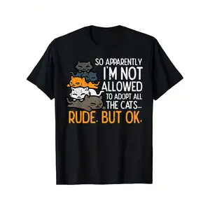 Women's Cat Lover Funny T-Shirt | " Can't Adopt Every Cat " Print, 180G Soft Fabric, Crew Neck Short Sleeve, Black Base with Orange & White Graphic, Summer Washable Casual Top