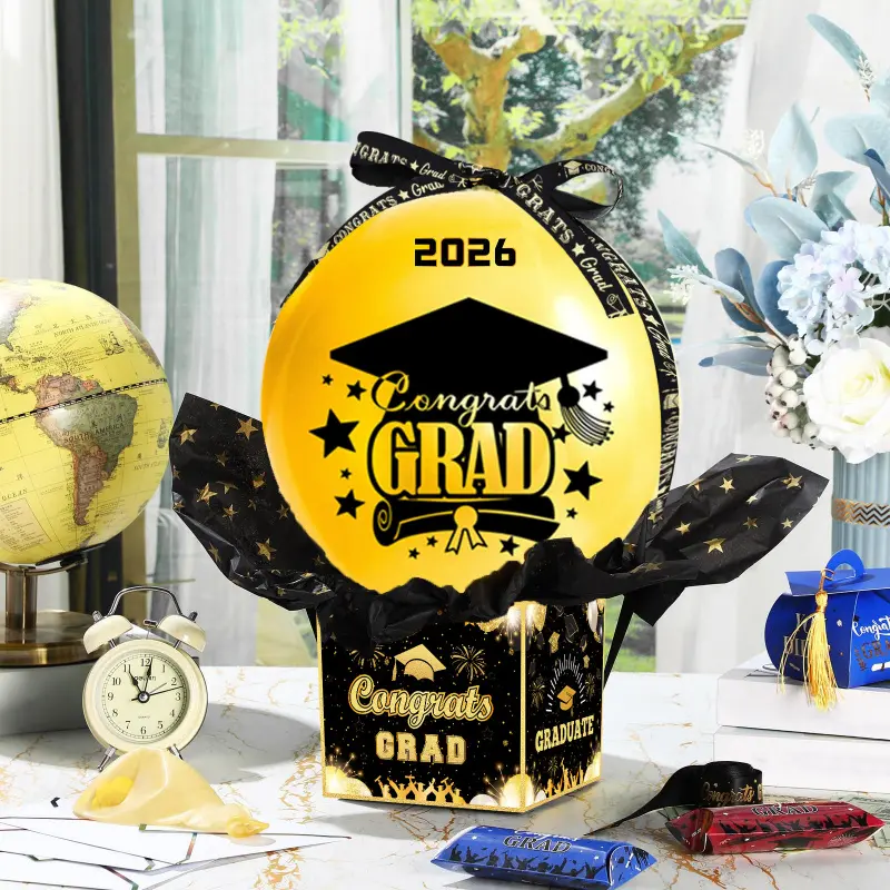 2026 Graduation Surprise Balloon Gift Box, Black And Gold Graduation Balloon Money-Extracting Gift Box, Used For Graduation Party Decorations, Party Games, Raffle Giveaways, And Personal Gift Boxes, Grad Party Favors, Congrats Grad