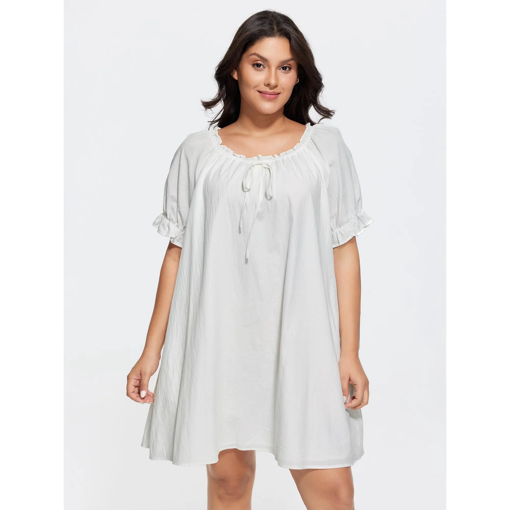 BloomChic Plus Size Casual Night Dress, 100% Cotton Women's Loungewear with Lantern Sleeves, Ruffles and a Lace-Up Neckline, Nightwear, Fabric, Pocket, Shortsleeve, Night Gown, Smooth, Garment, Basic, Plain, Cotton Shell