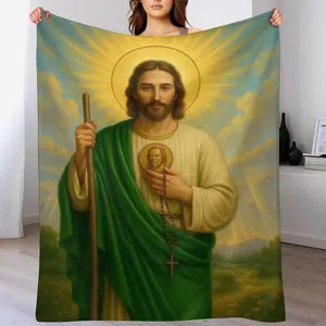 Jusus in Green Soft Flannel Throw Blanket for Couch Bed, Catholic Faith Inspirational Gift Blanket