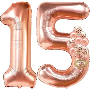 Rose Gold 15 Balloons Number - Giant, 40 Inch| Rose Gold 15 Balloons With Confetti Balloons| 15th Birthday Decorations for Women| Number Balloons for 15th Happy Anniversary Decorations
