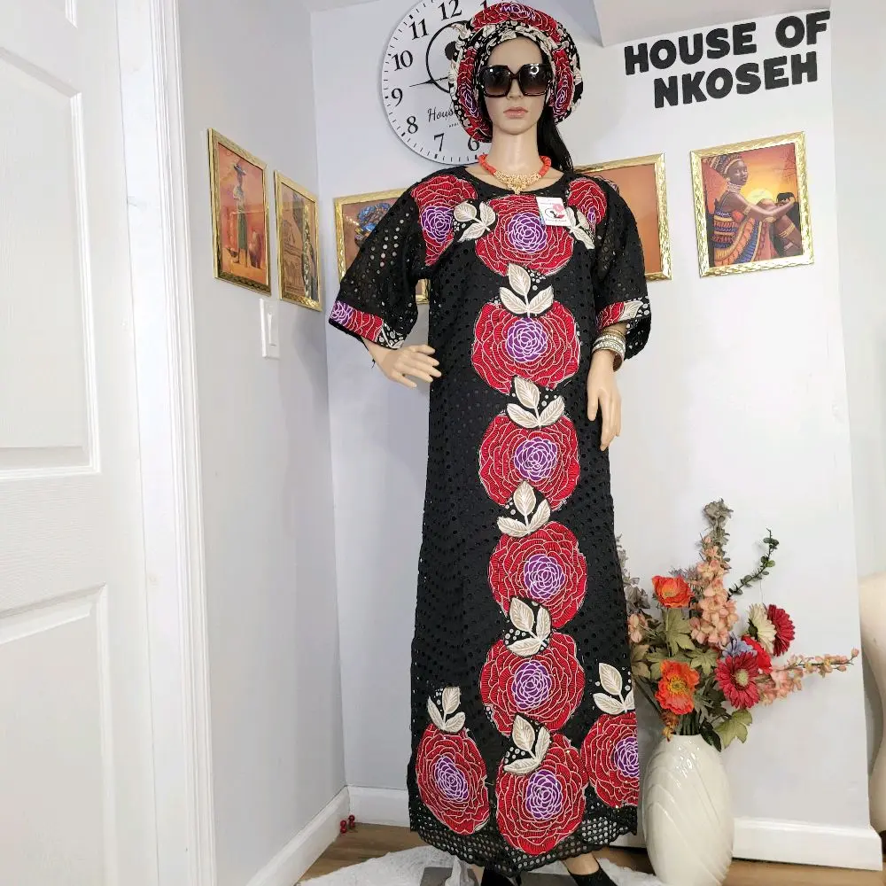 Anakara Lace Bubu African Elegant Outfit in Pink with Colorful Patterns, Long Sleeves, Traditional Casual Style for Summer - Dress