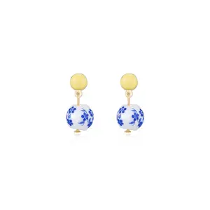 Ettika Indigo Floral Drop Earrings with Blue Floral Design 18kt Gold Plated Steel Post Acrylic & Ceramic Materials 0.85 x 0.4 Inches
