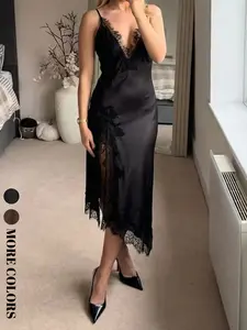 Elegant Silk Satin Strapless Sleeveless Dress, Lace V-Neck, Asymmetrical Hem, Vintage Formal Evening Party Gown, Summer Women's Chic Fashion Dress, Formal Wear