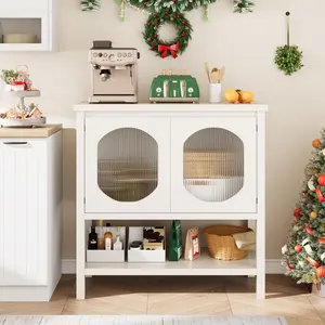 Garvee Coffee Bar Cabinet, Storage Cabinet with 2 Reeded Glass Doors, Buffet Cabinet with Storage Shelf, Modern Buffet Sideboard Cabinet for Kitchen, Hallway, Dining Room, Living Room - Pure White