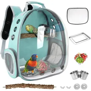 Bird Carrier Backpack Travel Cage with Perch, Breathable Clear Parrot Cockatiel Cage with Toy Stainless Steel Food Bowl Tray for Conures Parakeet Budgie Canary Lovebirds, Small Animal Pet Carrier Bag
