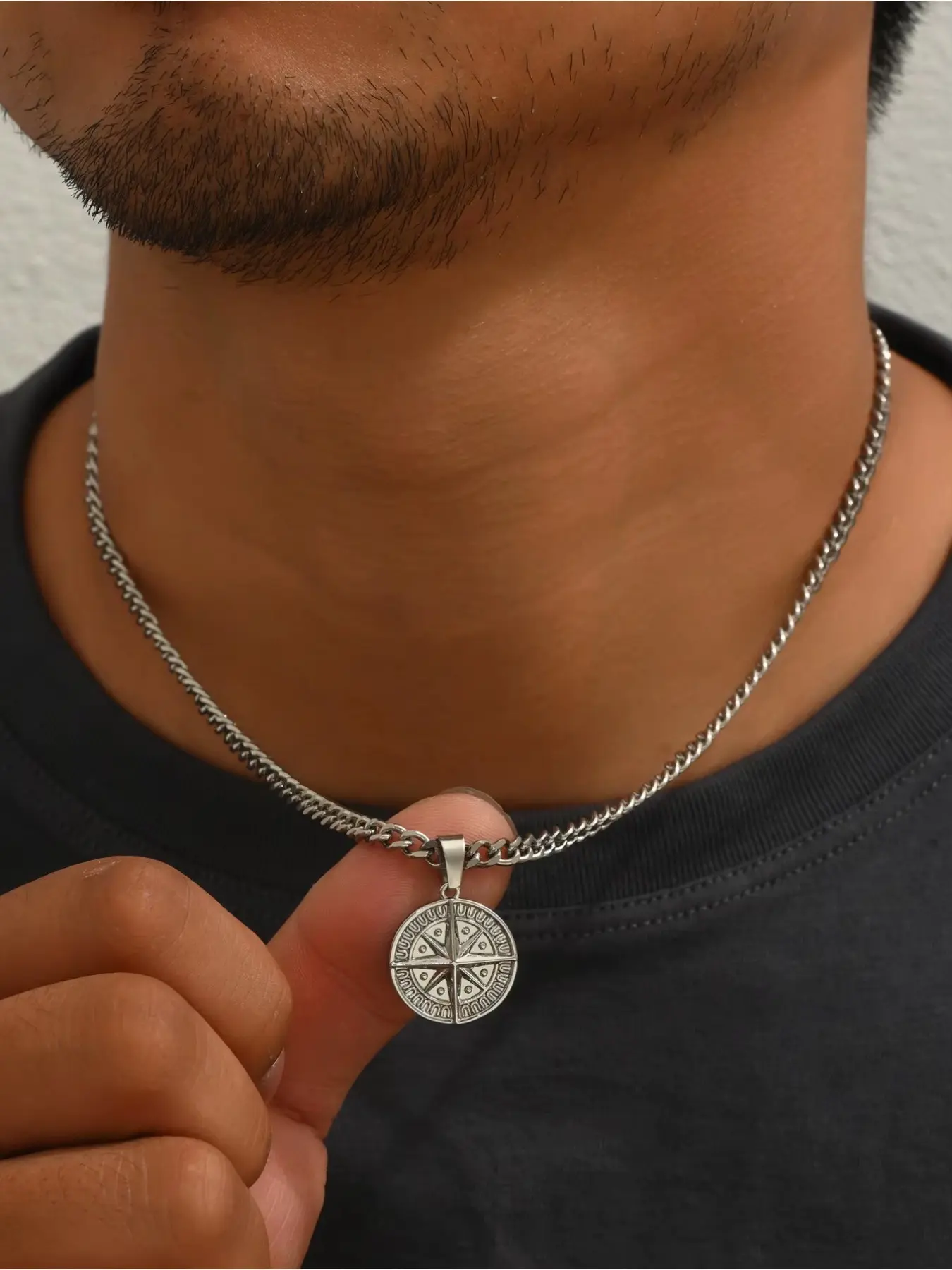 Men's Silver Color Punk Style Metal Chain Necklace, Compass Star Pendant, Fashion Jewelry for Men, Stylish Accessory for Everyday Wear, Chunky Necklace, Fashionable Jewelry Accessories, Costume Jewelry Necklace