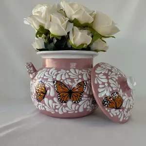 Pink Decorative Frijolera 10" Tall Monarch Butterfly Accent Talavera Hand Made Ceramic Vase (Flowers not included)