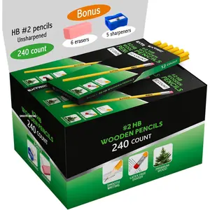 -Cased Pencils HB #2, 240 Count Yellow Pencils with Top Eraser, Unsharpened, Hexagonal Grip, Bulk Pack for School, Office and Teacher Supplies