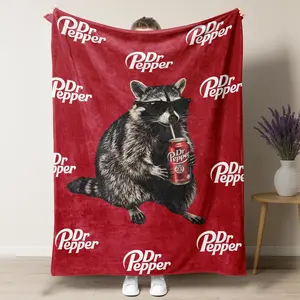 Viral Cool Raccoon Dr Pepper Throw Blanket, Realistic Raccoon with Sunglasses Drinking Soda Graphic, Soft Plush Flannel Blanket, Perfect Meme Gift for Raccoon & Dr Pepper Enthusiasts,summervibes