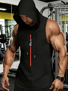 Men's Black Sleeveless Hooded Tank Top, Vertical "Paris" Script & Red Stripe Graphic Urban Fitness Top, Soft Breathable Fabric Athletic Hoodie Vest, Fitness Workout Vest for Gym, Daily Wear & Casual Street Style, Ideal for Urban & Fitness Enthusiasts