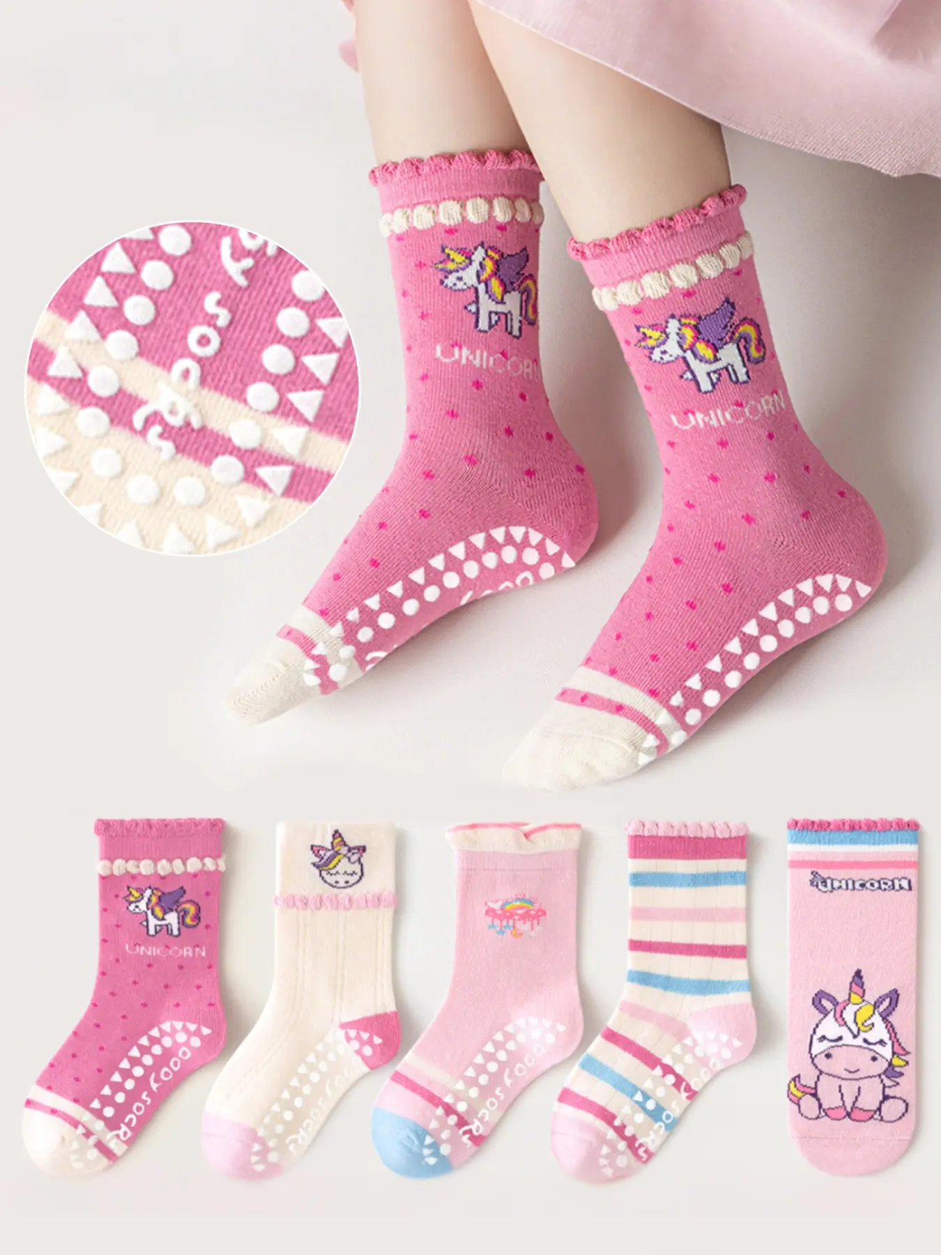 Kids Rainbow Unicorn Pattern Non-Slip Glue Dots Floor Socks Tailored Fit Socks 5 Pair Set for Baby Boys and Girls, Soft Bottom Mid-Calf Socks for Indoor Use Toddler Ruffle Socks Cute Socks