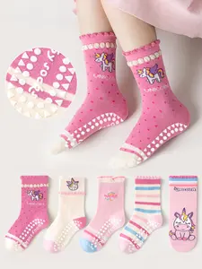 Kids Rainbow Unicorn Pattern Non-Slip Floor Socks 5 Pair Set for Baby Boys and Girls, Soft Bottom Mid-Calf Socks for Indoor Use