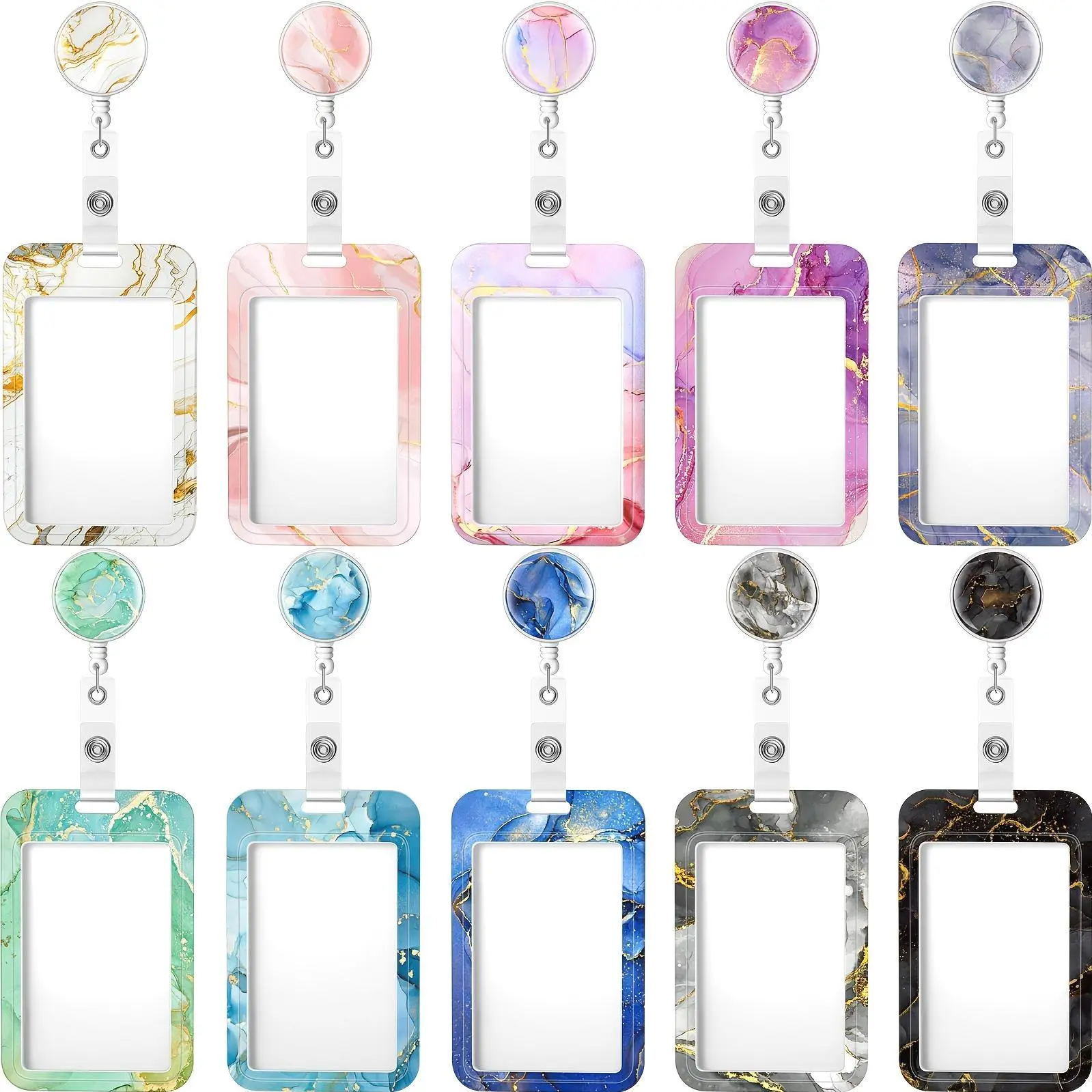 2D Set of 10 Retractable Badge Holders Featuring a Clip, Ideal for ID Cards, Keys, And Perfect As Gifts for Nurses, Doctors, Teachers, Or Coworkers for Occasions Like Halloween And Christmas (Marble Design)