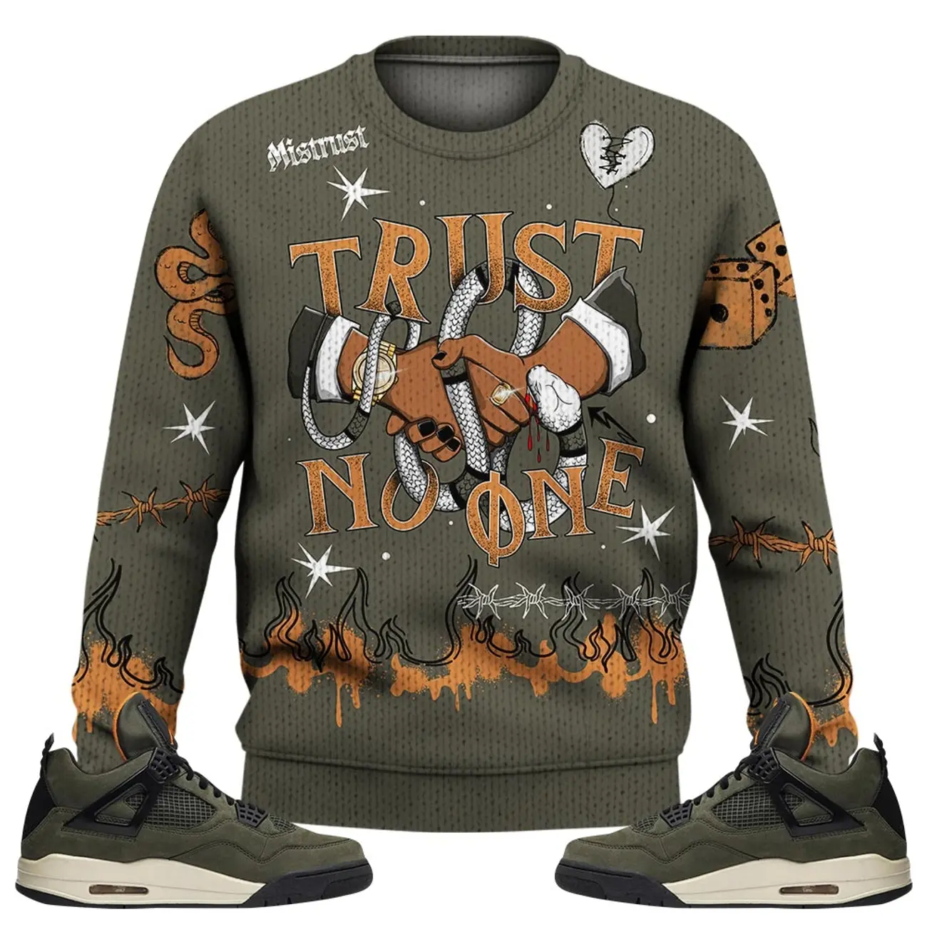 Retro Undefeated 4s Sweater, Fabric Knitwear Tattoo Trust No One Streetwear Hip Hop Unisex Sneaker Color Match Shirts Casual Acrylic Hoodie Long Sleeve Sweatshirts