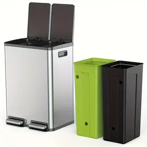 16 Gallon Large 60 Liter Stainless Steel Trash Can, Kitchen Trash Bin w/Dual Removable Inner Buckets, Soft Closure & Step-on 2Pedal, Deodorizer Compartment, Garbage Bin for Recycling
