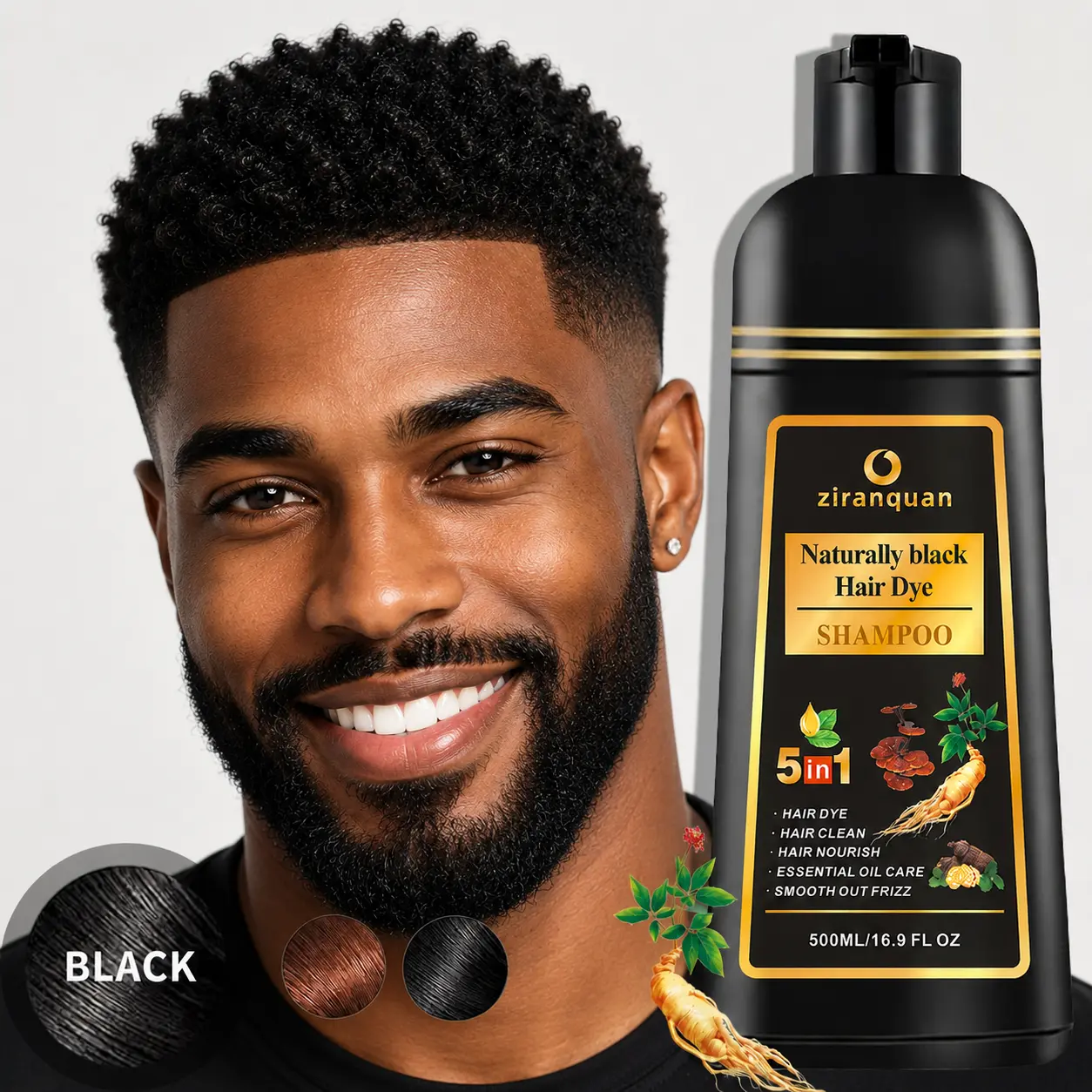 5-in-1 Hair Color Shampoo for Gray Coverage - Natural Black Instant Hair Dye Shampoo for Men & Women, Herbal Formula Ammonia Free PPD Free Color Depositing Hair Dye with Ginger Ginseng, Long Lasting Salon Quality At Home Dye 16.9 fl oz / 500ml