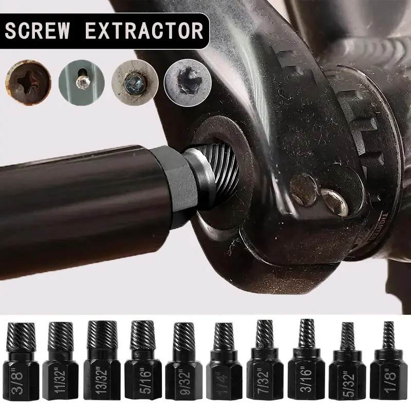 10-Piece Multi-Spline Alloy Steel Screw Extractor Kit, Helical Grip Left-Handed Easy-Out Drill Bits for Broken Fasteners, Bolts, Studs, Pipes (In), 10 Pieces