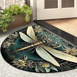 Retro Look Dragonfly Print Semicircular Microfiber Cloth Floor Mat - Non-slip, Washable Home Mat for Entry Door, Bathroom