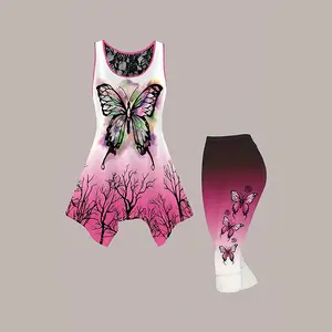 Women's Elegant Butterfly Print Mesh Backless Asymmetrical Hem Tank Top & Leggings Set for Summer Casual Outings Chic Womenswear