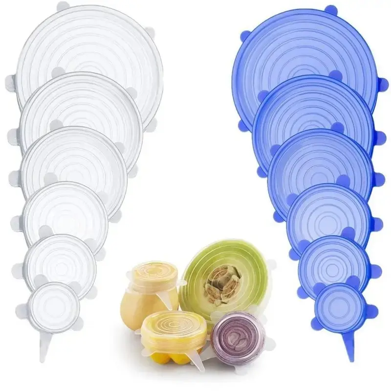 Blue 6-Piece Universal Reusable Silicone Lids - Self-Sealing Food Covers for Various Container Sizes, Camping Cookware, Outdoor Camp Kitchen Use, Blue 6-Piece Set