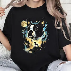 100% Cotton Boston Terrier Howling to The Moon Dog Lover Fantasy Nature T-Shirt