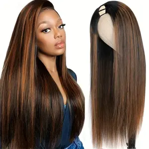 Pobokix Hair #FB30 Ombre V Part Wig Human Hair No Leave Out Upgrade Straight U Part Wig Highlight Blonde No Glue Brazilian Virgin Straight Human Hair Wigs for Women Colored Brown Glueless Wigs