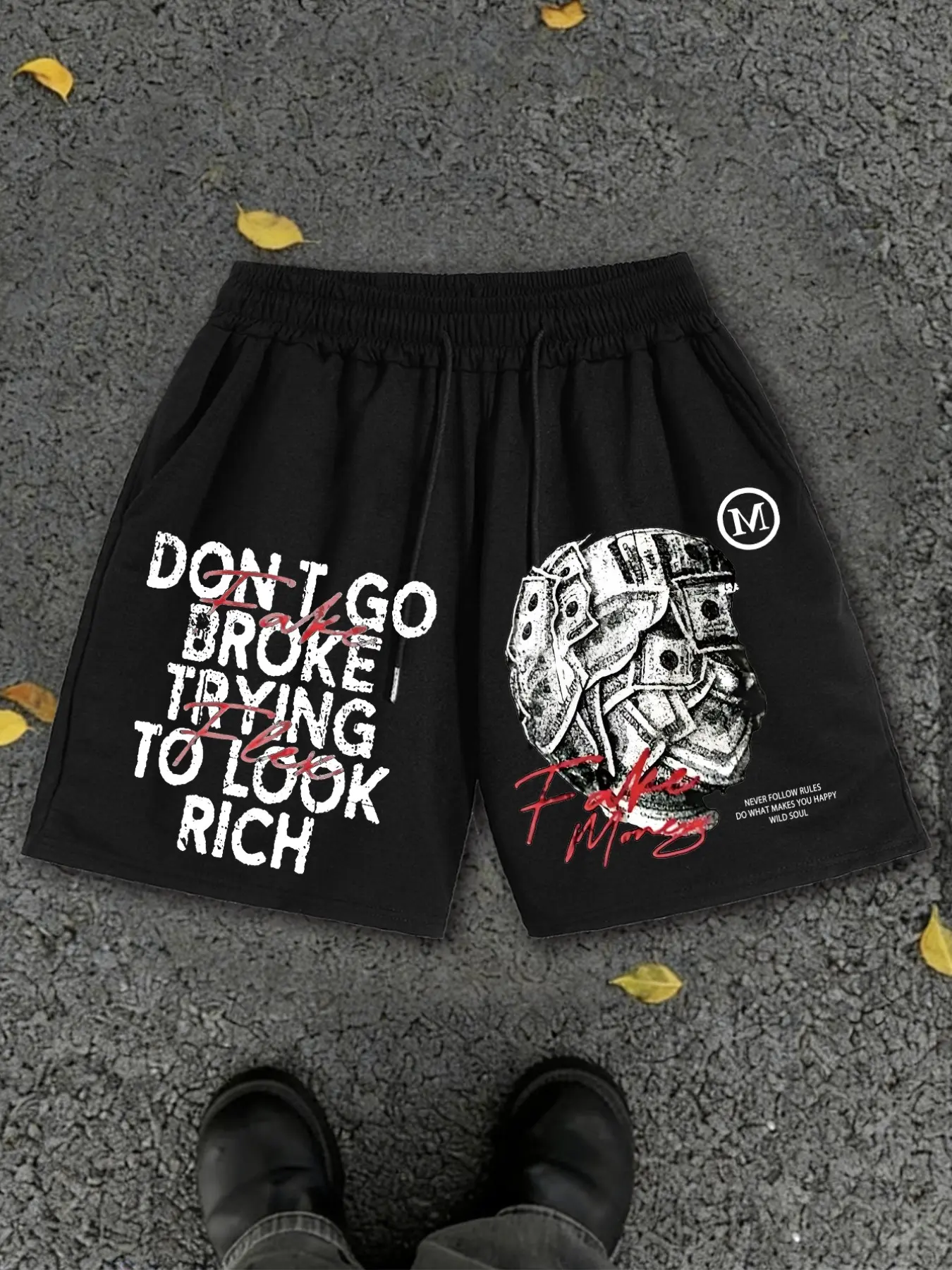 "Don't Go Broke Trying to Look Rich" Graphic Shorts, Casual Sports Shorts, Fashionable Summer Shorts - Men's High Street Fashion Summer Wear, Hip-Hop Aesthetic for Gym & Daily Outfits