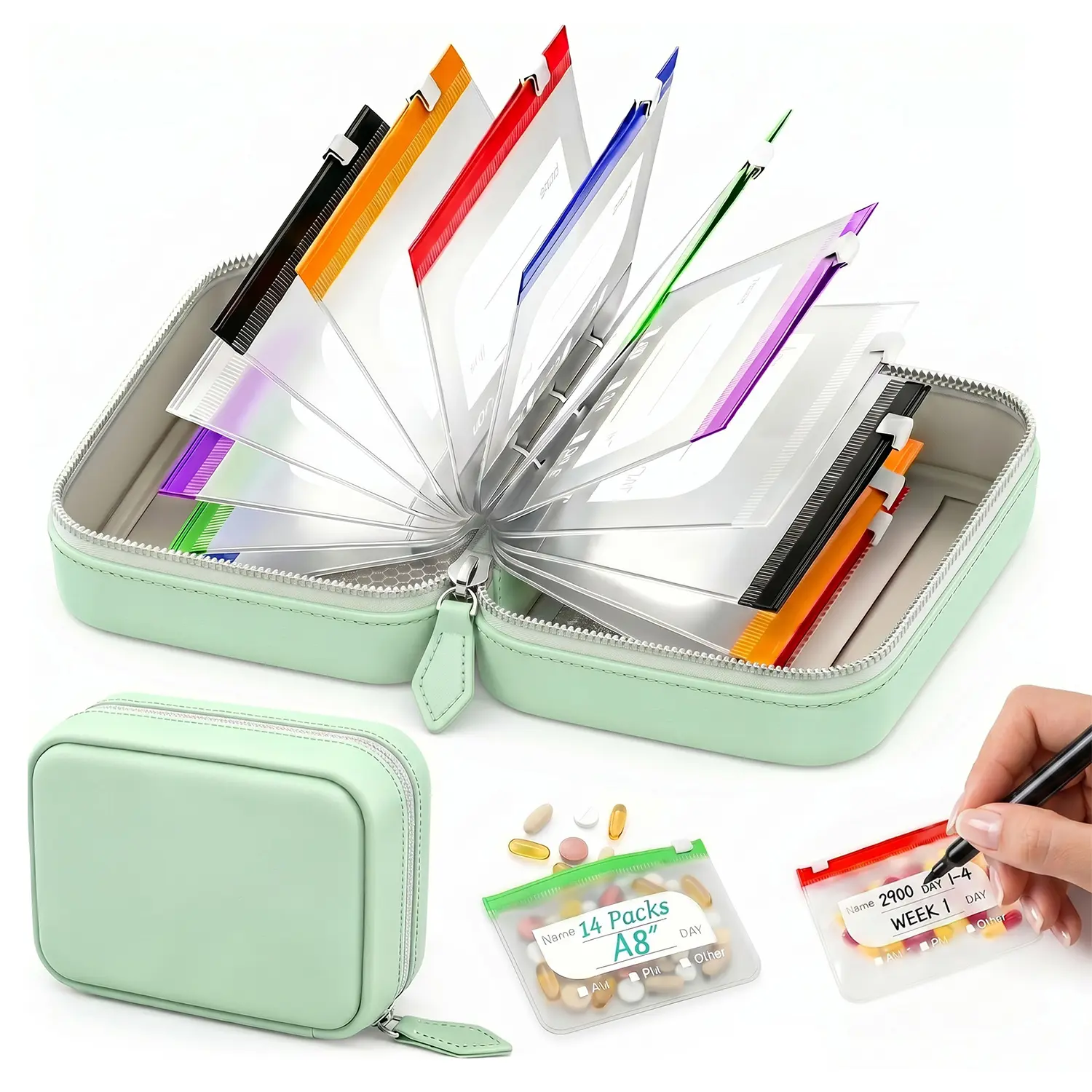 Waterproof Pill Pouch Set, Large Weekly Pill Organizer with 14 Color-Coded Medicine Pouches, Reusable Travel Medicine Organizer, Zippered Pill Storage for Fish Oils, Vitamins, dealsforyou