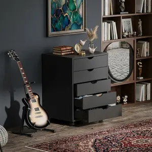5/7 Drawer Mobile File Cabinet, Vertical Filing Cabinet With Wheels, Under Desk Rolling Printer Stand, Wood Storage Dresser Organizer For Office Home Bedroom, White Wood & Black