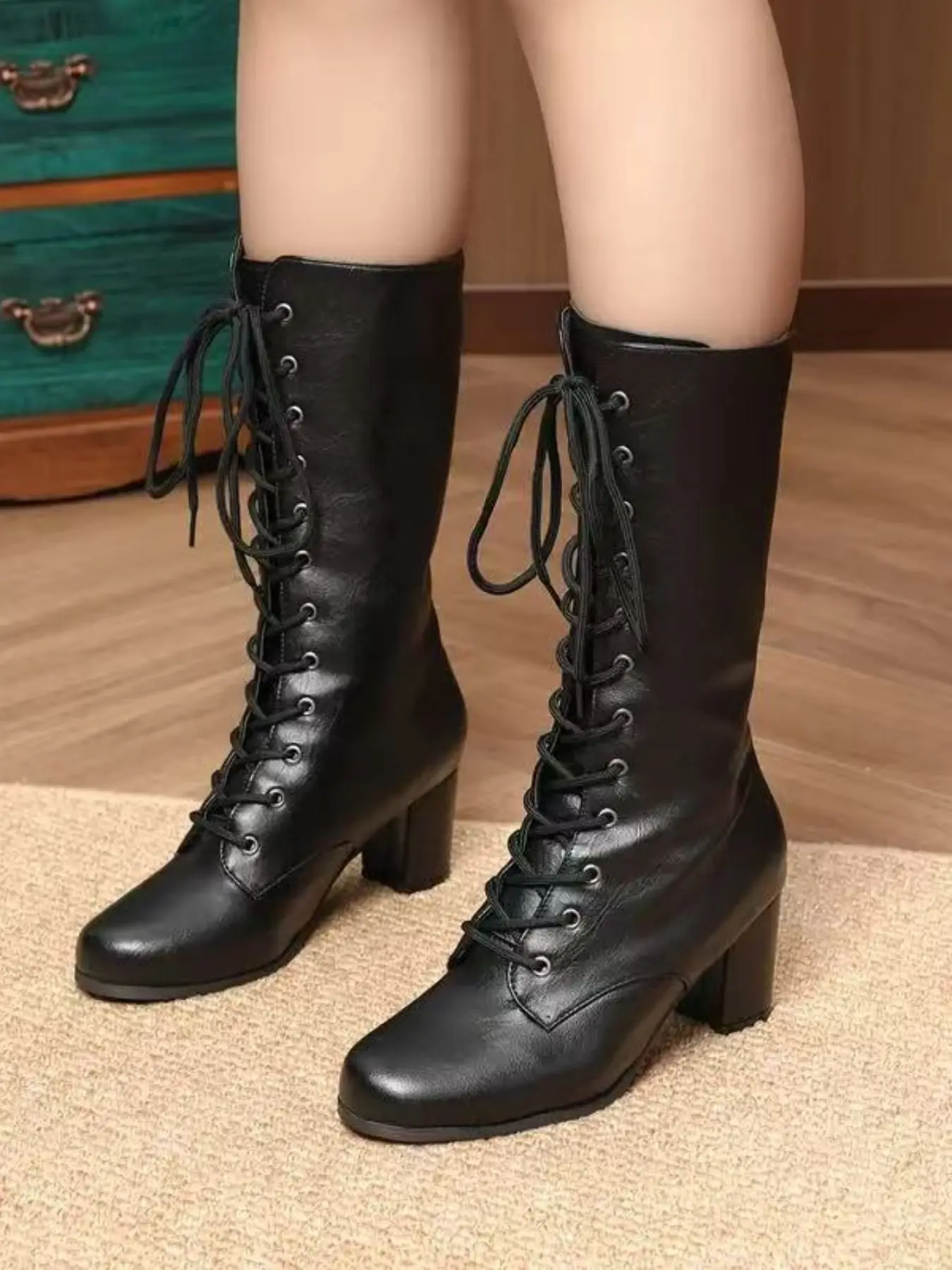 Women's Fashion Mid-Calf Chunky Heel Lace-Up Round Toe PU Leather Boots, Comfortable Winter Shoes for Party & Formal Events Footwear Casual Boots, High Heel Boot, Thick Heeled Boots, Trendy Boots