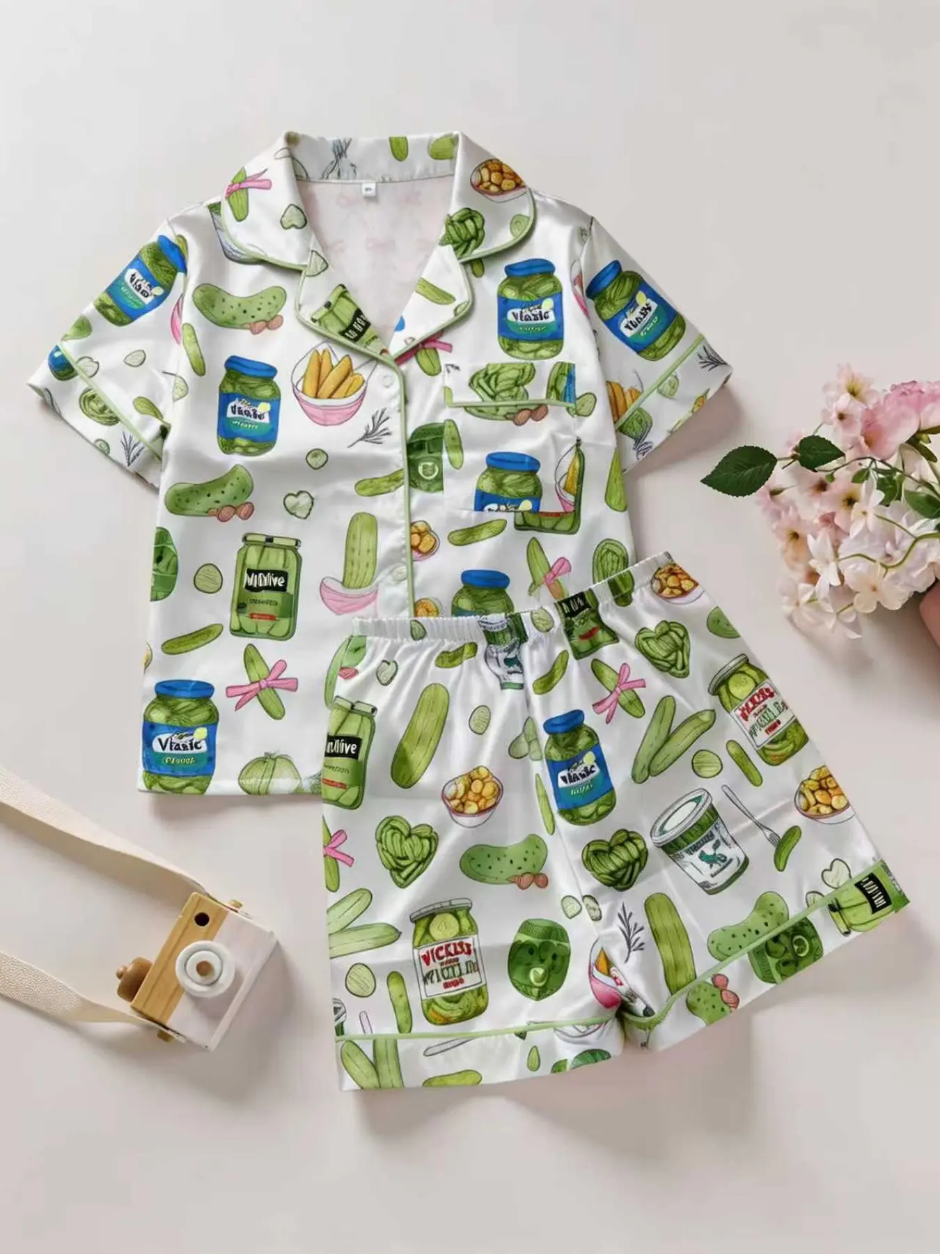 Girls' 2-Piece Pajama Set, Fun Cucumber Can Print, Button Front Short Sleeve Top + Elastic Shorts, All Season Comfortable Satin Fabric, Summer Pjs