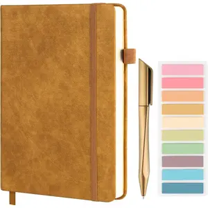 A5 Lined Journal Notebook Set with Pen & Sticky Notes, Hardcover Ruled Notebook, 200 Pages (100 Sheets), Thick Paper, College Ruled Journal for Work, Business, Office, School & ,5.7'' x 8.3'' (Yellow)