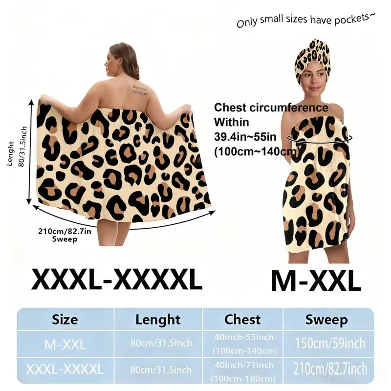Leopard Print Bath Towel Skirt Set + Head Wrap, Quick Dry Towel, Bath Cloths, Light Beige with Black/Brown Spots, Adjustable Towel Skirt for Bathing, Beach, Spa, Festival (Mermaid/Vacation/Bohemian Style) - Plus Size Available (L/XL/XXL)