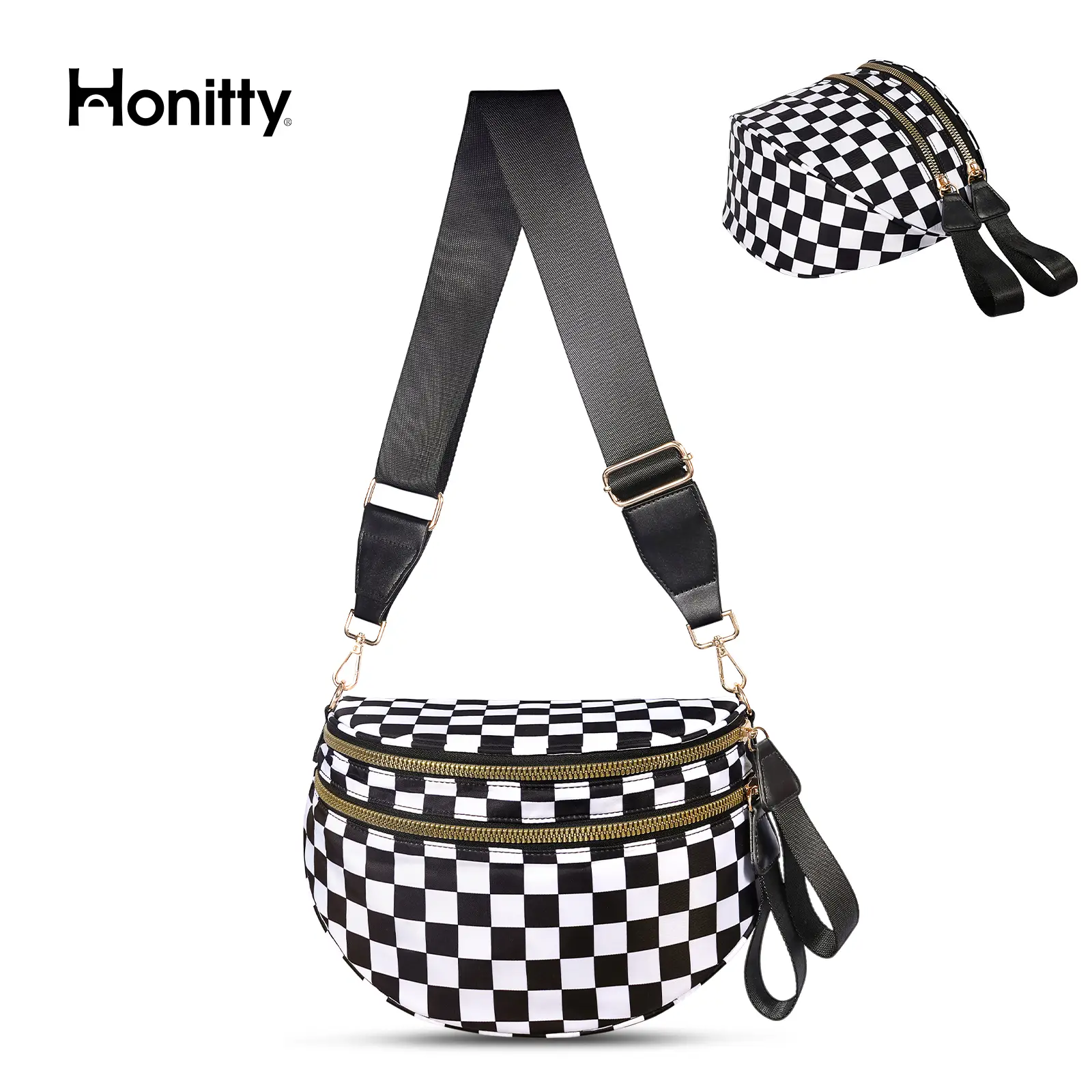 Black and White Checkered Nylon Bum Bag Plus Size Friendly Fanny Pack - Spacious Design for Essentials - great gift belt bags crossbody TikTokShopBac
