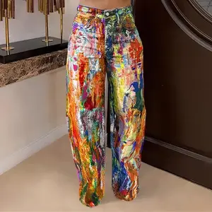 Colorful Graffiti High-Waist Wide-Leg Jeans, Baggy Unique Print Streetwear Denim Trousers, Ideal for Music Festivals and Casual Gatherings Pants Womenswear Fabric Fitted Can be used with raincoat