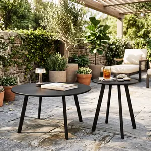 2-Piece Modern Black Metal Round Nesting Coffee Table Set, Space-Saving Accent Tables for Living Room, Outdoor Use