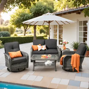 Patio Furniture Set, 5 Pieces Outdoor Wicker Rattan Sofa Couch with Chairs, Rocking Chair and Comfy Cushions, All Weather High Back Conversation Set Garden Backyard, Weather-Resistant, Modern Design