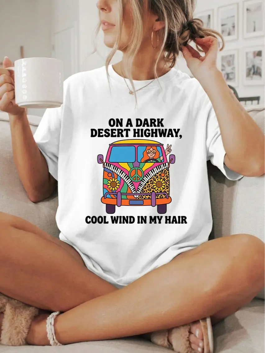 Cute Hippie Short Sleeve Novelty White T Shirt Womens On A Dark Desert Highway Crew Neck Cotton Boho Apparel For Women Leopard Print Classic Rock Music Festival Graphic Womens Retro T Shirts Vintage Fashion Sunflower Gift Tee