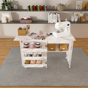 4-in-1 Folding Sewing Table with Lockable Wheels – Multi-Functional Craft Station, End Table, Computer Desk  Kitchen Storage with Shelves, White Rolling Sewing Machine Table for Apartments