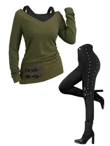 DRESSLILY 2025 Women's Outfit Textured Heather Faux Twinset Top and Grommet Pants Set Autumn Matching Outfits