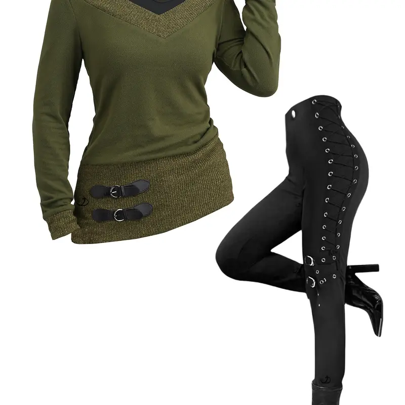 DRESSLILY 2025 Women's Outfit Textured Heather Faux Twinset Top and Grommet Pants Set Autumn Matching Outfits