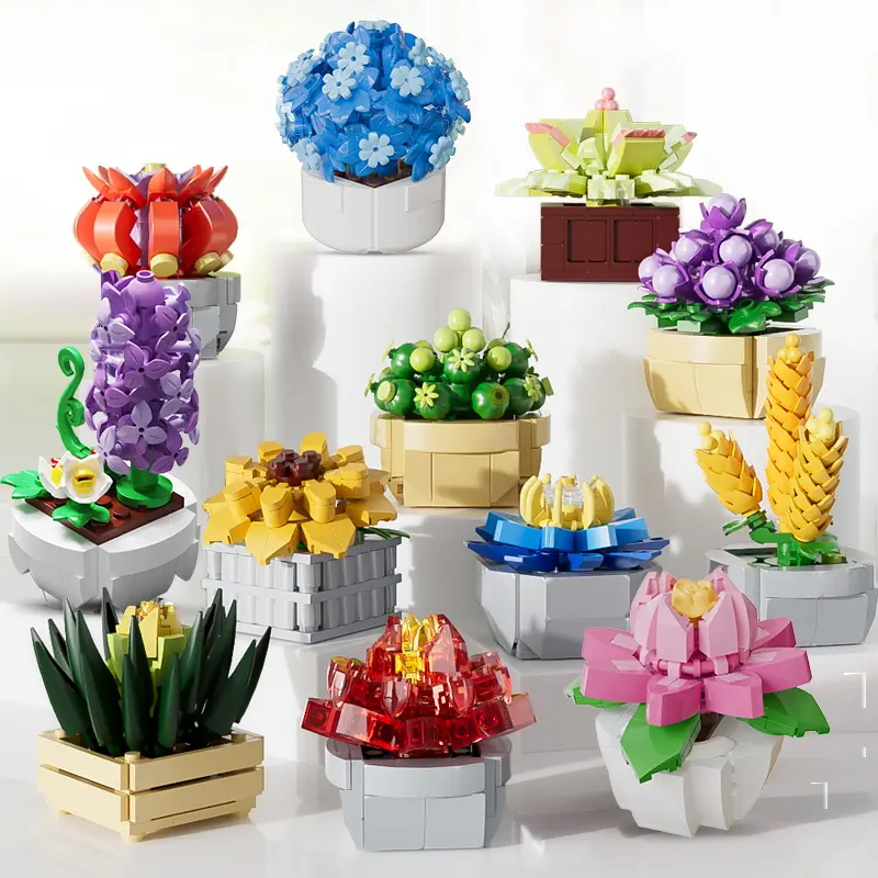 Succulent Series Flower Building Blocks - Rose, Blue Hydrangea, Hyacinth Sets, Fabric Craft Kits for Creative Play, Parent-Kid Crafting, 3+ Kids, Desk/Office Decor, Mother's Day Gift Idea